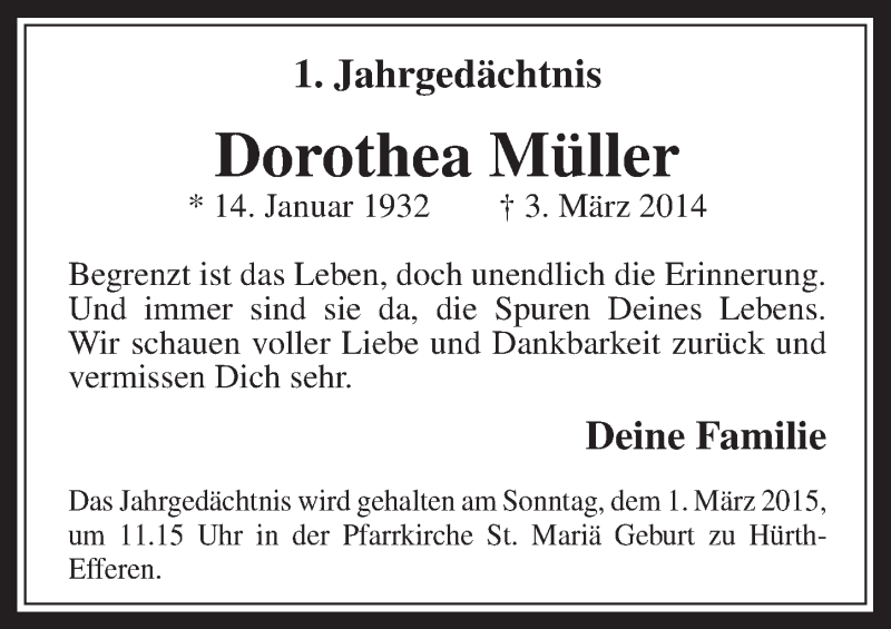  Traueranzeige für Dorothea Müller vom 25.02.2015 aus  Wochenende 