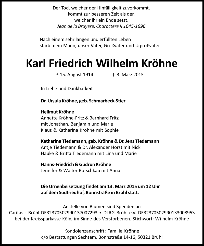  Traueranzeige für Karl Friedrich Wilhelm Kröhne vom 07.03.2015 aus Kölner Stadt-Anzeiger / Kölnische Rundschau / Express