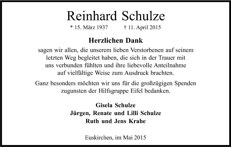  Traueranzeige für Reinhard Schulze vom 30.05.2015 aus Kölner Stadt-Anzeiger / Kölnische Rundschau / Express