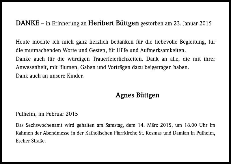  Traueranzeige für Heribert Büttgen vom 20.02.2015 aus Kölner Stadt-Anzeiger / Kölnische Rundschau / Express