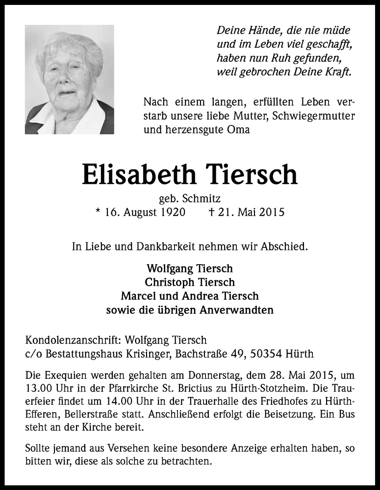 Traueranzeige für Elisabeth Tiersch vom 23.05.2015 aus Kölner Stadt-Anzeiger / Kölnische Rundschau / Express