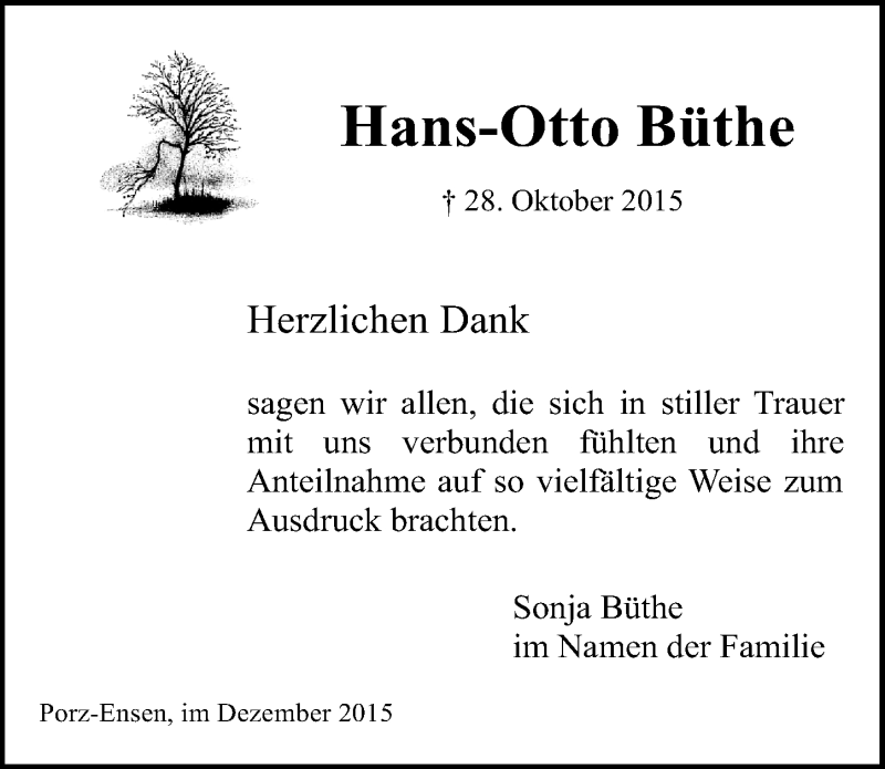  Traueranzeige für Hans-Otto Büthe vom 02.12.2015 aus  Kölner Wochenspiegel 