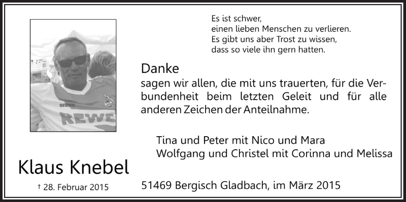  Traueranzeige für Klaus Knebel vom 18.03.2015 aus  Bergisches Handelsblatt 