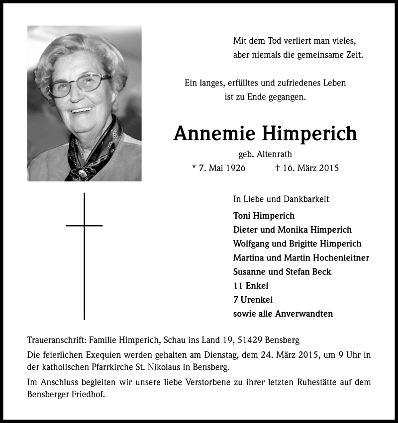  Traueranzeige für Annemie Himperich vom 19.03.2015 aus Kölner Stadt-Anzeiger / Kölnische Rundschau / Express