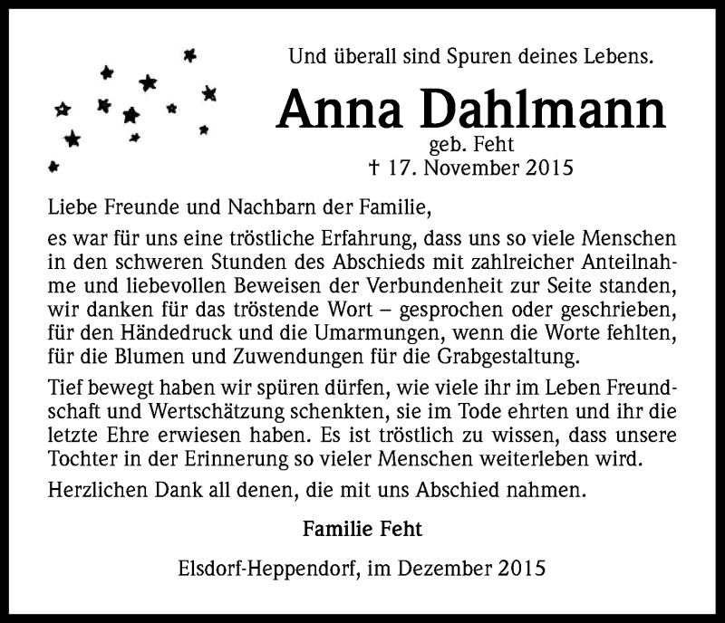  Traueranzeige für Anna - Luise Dahlmann vom 12.12.2015 aus Kölner Stadt-Anzeiger / Kölnische Rundschau / Express