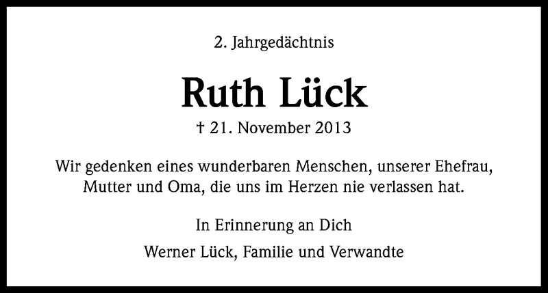  Traueranzeige für Ruth Lück vom 21.11.2015 aus Kölner Stadt-Anzeiger / Kölnische Rundschau / Express