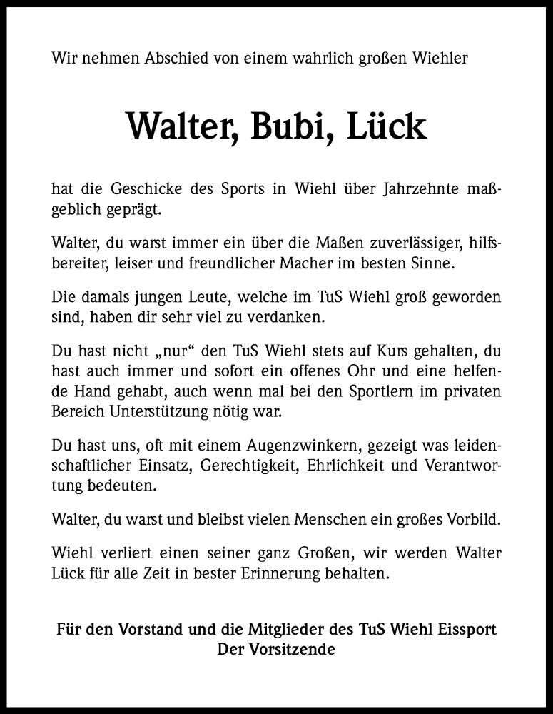  Traueranzeige für Walter Lück vom 01.07.2015 aus Kölner Stadt-Anzeiger / Kölnische Rundschau / Express