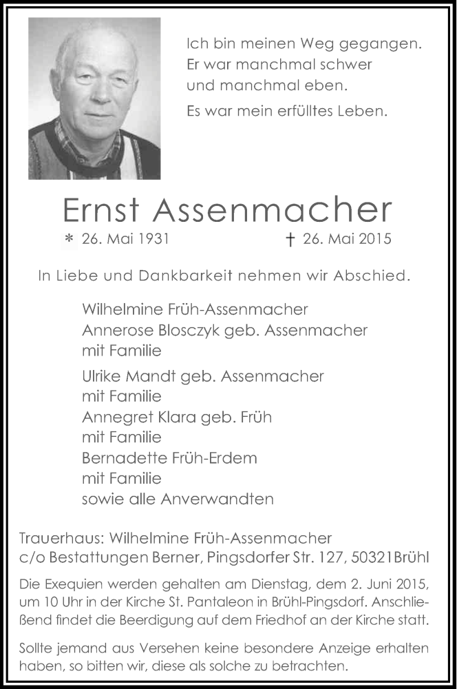  Traueranzeige für Ernst Assenmacher vom 29.05.2015 aus Kölner Stadt-Anzeiger / Kölnische Rundschau / Express