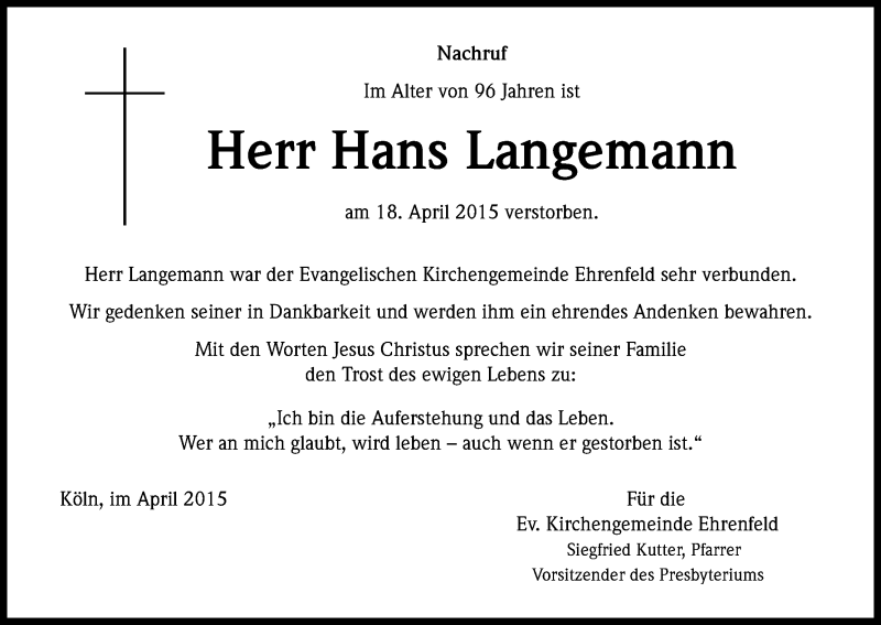  Traueranzeige für Hans Langemann vom 29.04.2015 aus Kölner Stadt-Anzeiger / Kölnische Rundschau / Express