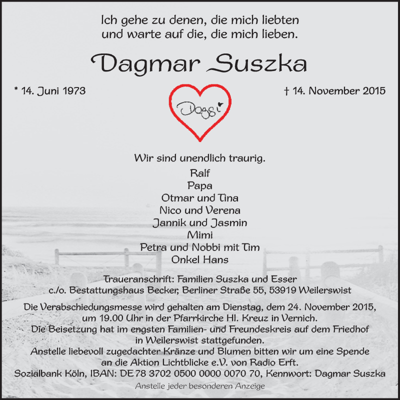  Traueranzeige für Dagmar Suszka vom 21.11.2015 aus  Sonntags-Post 