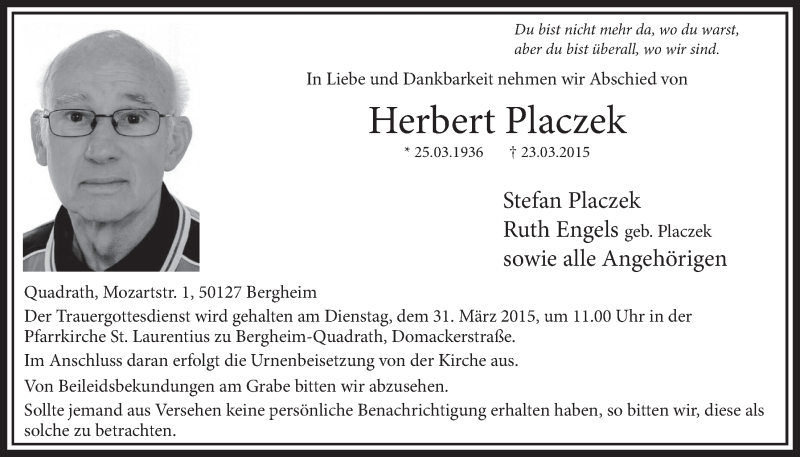  Traueranzeige für Herbert Placzek vom 28.03.2015 aus  Sonntags-Post 