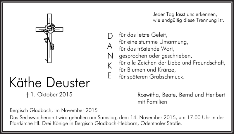  Traueranzeige für Käthe Deuster vom 04.11.2015 aus  Bergisches Handelsblatt 