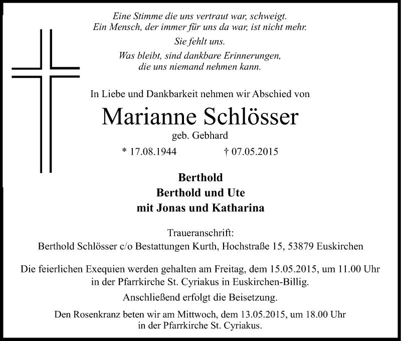  Traueranzeige für Marianne Schlösser vom 12.05.2015 aus Kölner Stadt-Anzeiger / Kölnische Rundschau / Express
