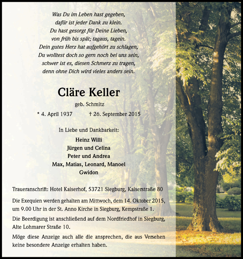  Traueranzeige für Cläre Keller vom 10.10.2015 aus Kölner Stadt-Anzeiger / Kölnische Rundschau / Express