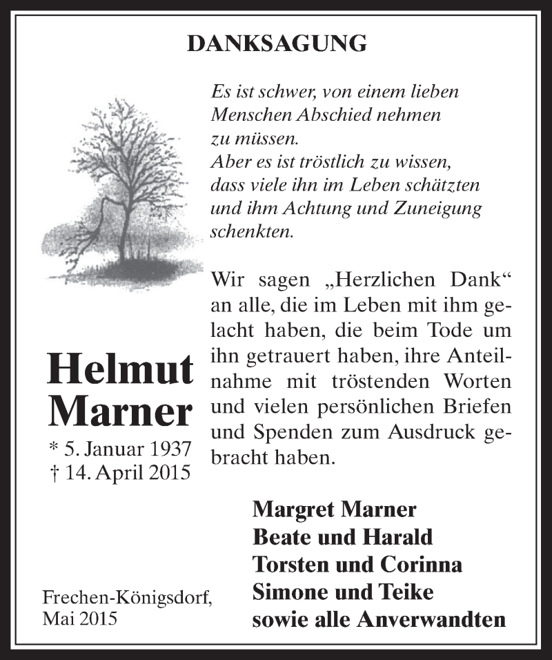  Traueranzeige für Helmut Marner vom 16.05.2015 aus  Sonntags-Post 