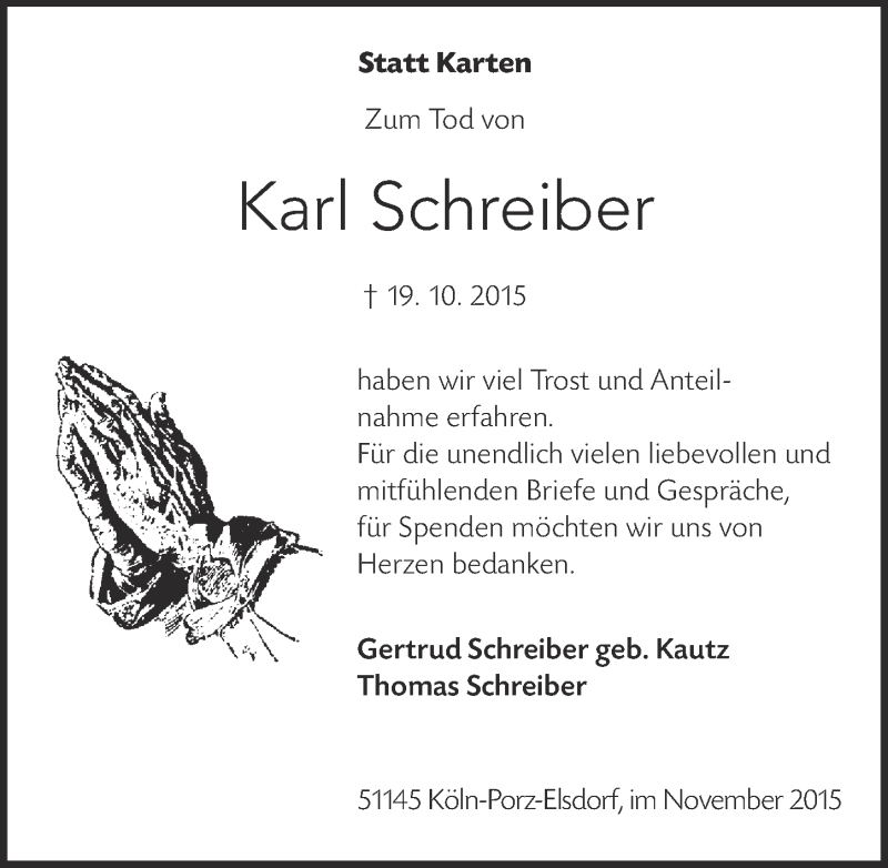  Traueranzeige für Karl Schreiber vom 25.11.2015 aus  Kölner Wochenspiegel 