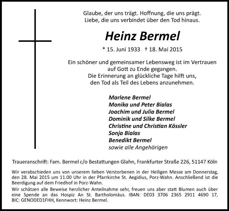  Traueranzeige für Heinz Bermel vom 23.05.2015 aus Kölner Stadt-Anzeiger / Kölnische Rundschau / Express