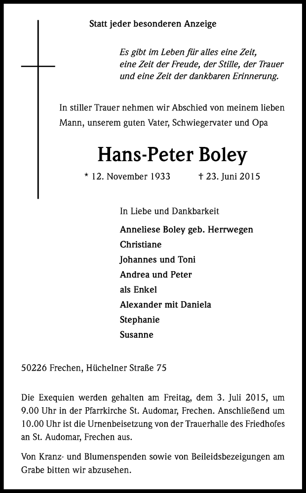  Traueranzeige für Hans-Peter Boley vom 27.06.2015 aus Kölner Stadt-Anzeiger / Kölnische Rundschau / Express