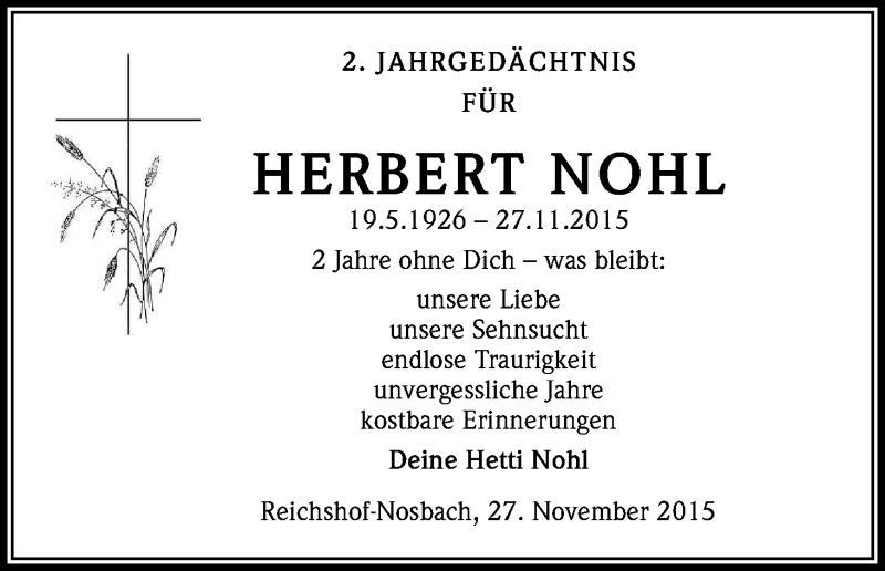  Traueranzeige für Herbert Nohl vom 27.11.2015 aus Kölner Stadt-Anzeiger / Kölnische Rundschau / Express