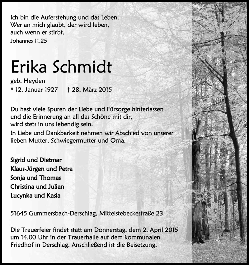  Traueranzeige für Erika Schmidt vom 31.03.2015 aus Kölner Stadt-Anzeiger / Kölnische Rundschau / Express
