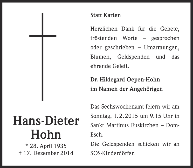  Traueranzeige für Hans-Dieter Hohn vom 25.01.2015 aus  Blickpunkt Euskirchen 