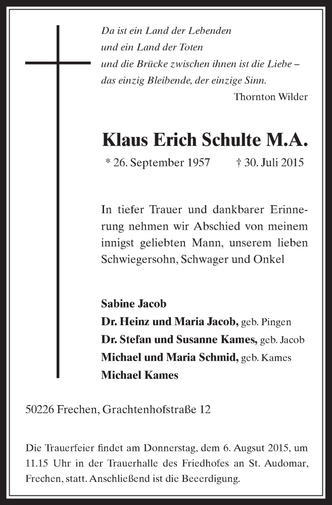  Traueranzeige für Klaus Erich Schulte vom 05.08.2015 aus  Wochenende 