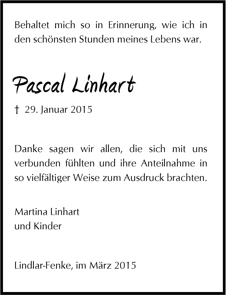  Traueranzeige für Pascal Linhart vom 18.03.2015 aus  Anzeigen Echo 