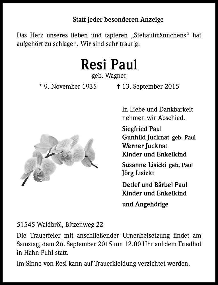  Traueranzeige für Resi Paul vom 23.09.2015 aus  Lokalanzeiger 