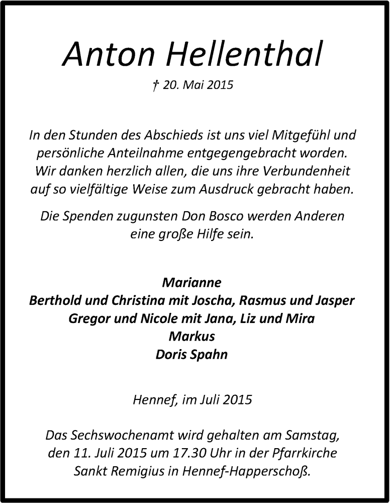 Traueranzeige für Anton Hellenthal vom 04.07.2015 aus Kölner Stadt-Anzeiger / Kölnische Rundschau / Express
