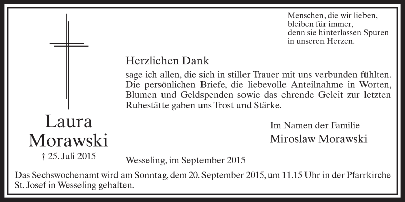  Traueranzeige für Laura Morawski vom 09.09.2015 aus  Schlossbote/Werbekurier 