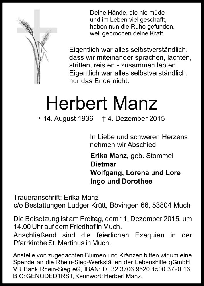 Traueranzeige für Herbert Manz vom 08.12.2015 aus Kölner Stadt-Anzeiger / Kölnische Rundschau / Express