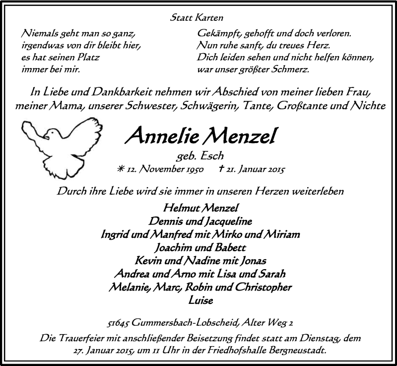  Traueranzeige für Annelie Menzel vom 24.01.2015 aus Kölner Stadt-Anzeiger / Kölnische Rundschau / Express