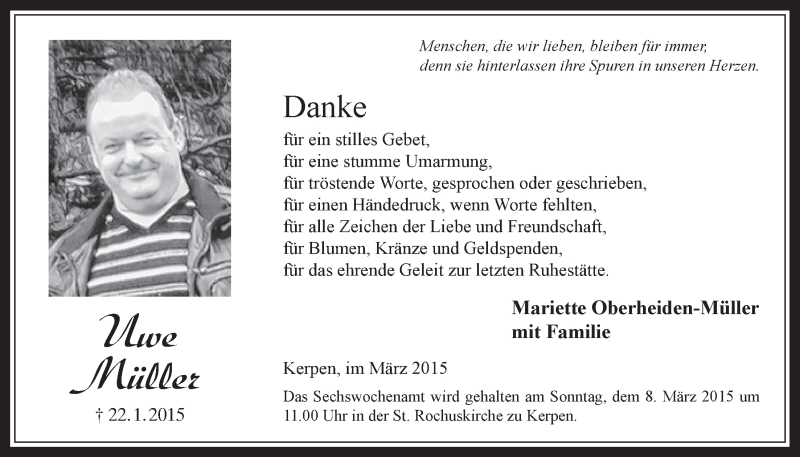  Traueranzeige für Uwe Müller vom 04.03.2015 aus  Werbepost 