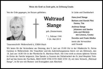Anzeige von Waltraud Slange von Kölner Stadt-Anzeiger / Kölnische Rundschau / Express