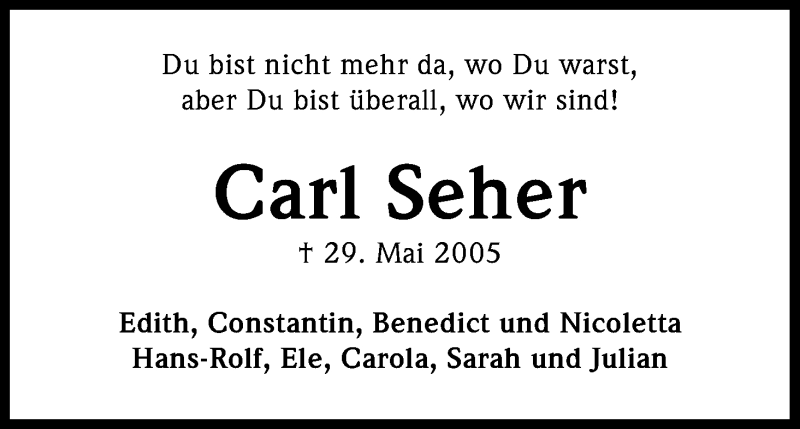 Traueranzeige für Carl Seher vom 29.05.2015 aus Kölner Stadt-Anzeiger / Kölnische Rundschau / Express