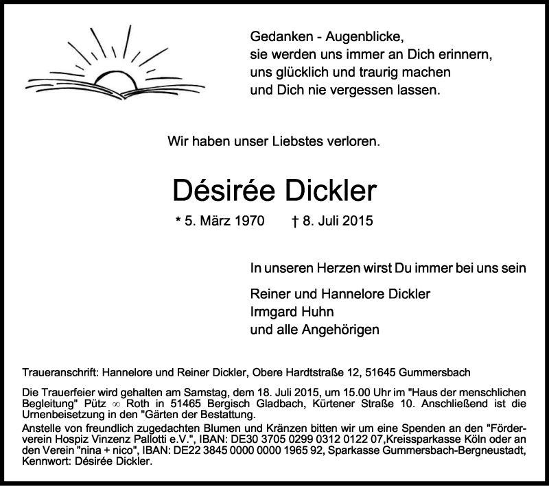  Traueranzeige für Désirée Dickler vom 11.07.2015 aus Kölner Stadt-Anzeiger / Kölnische Rundschau / Express