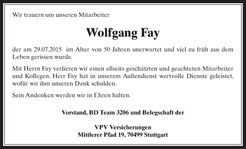  Traueranzeige für Wolfgang Fay vom 05.08.2015 aus  Werbepost 