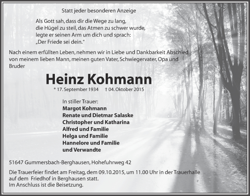  Traueranzeige für Heinz Kohmann vom 07.10.2015 aus  Anzeigen Echo 