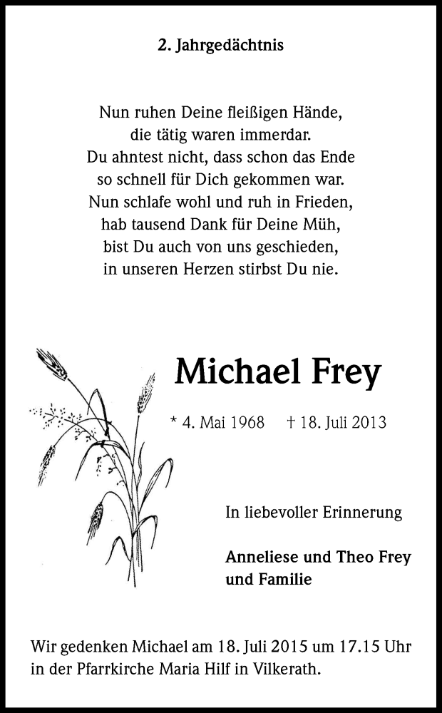  Traueranzeige für Michael Frey vom 11.07.2015 aus Kölner Stadt-Anzeiger / Kölnische Rundschau / Express