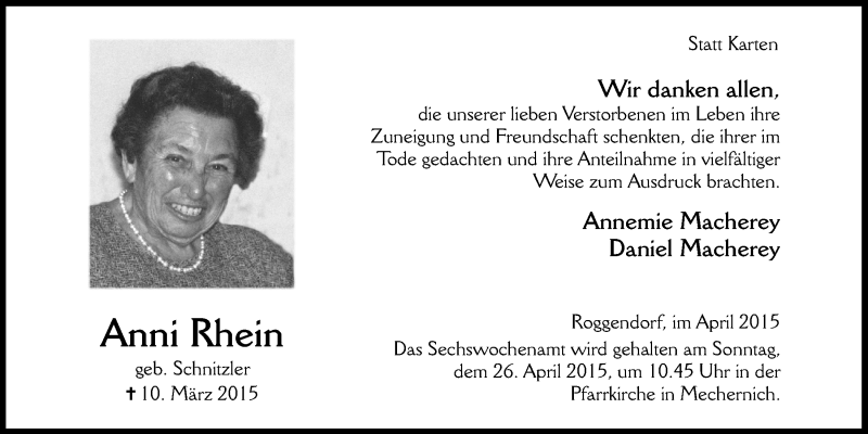  Traueranzeige für Anni Rhein vom 19.04.2015 aus  Blickpunkt Euskirchen 