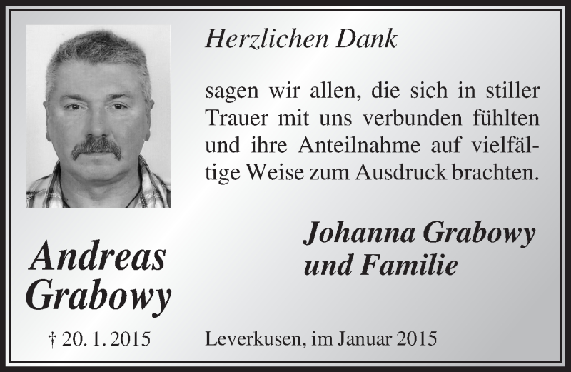 Traueranzeige für Andreas Grabowy vom 31.01.2015 aus  Leverkusener Wochenende 