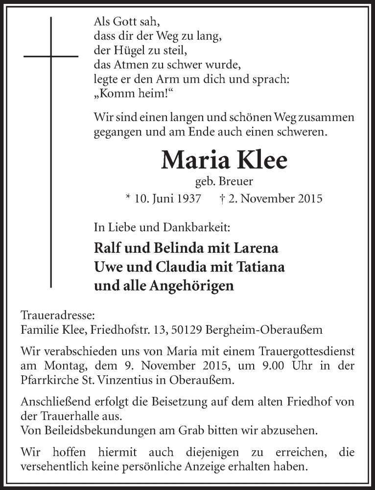  Traueranzeige für Maria Klee vom 07.11.2015 aus  Sonntags-Post 