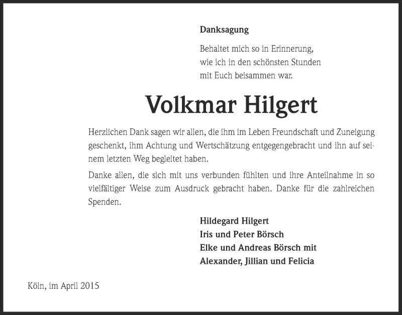  Traueranzeige für Volkmar Hilgert vom 22.04.2015 aus  Kölner Wochenspiegel 