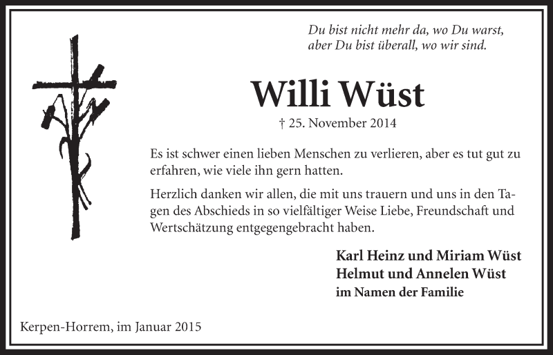  Traueranzeige für Willi Wüst vom 31.01.2015 aus  Sonntags-Post 