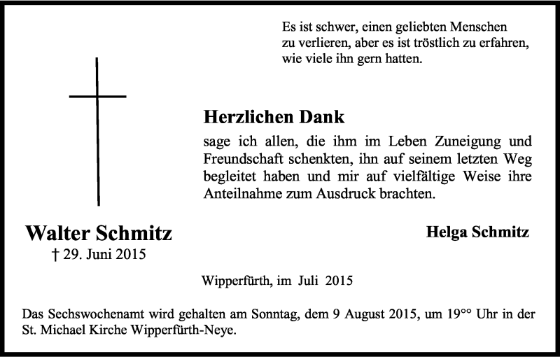  Traueranzeige für Walter Schmitz vom 01.08.2015 aus Kölner Stadt-Anzeiger / Kölnische Rundschau / Express