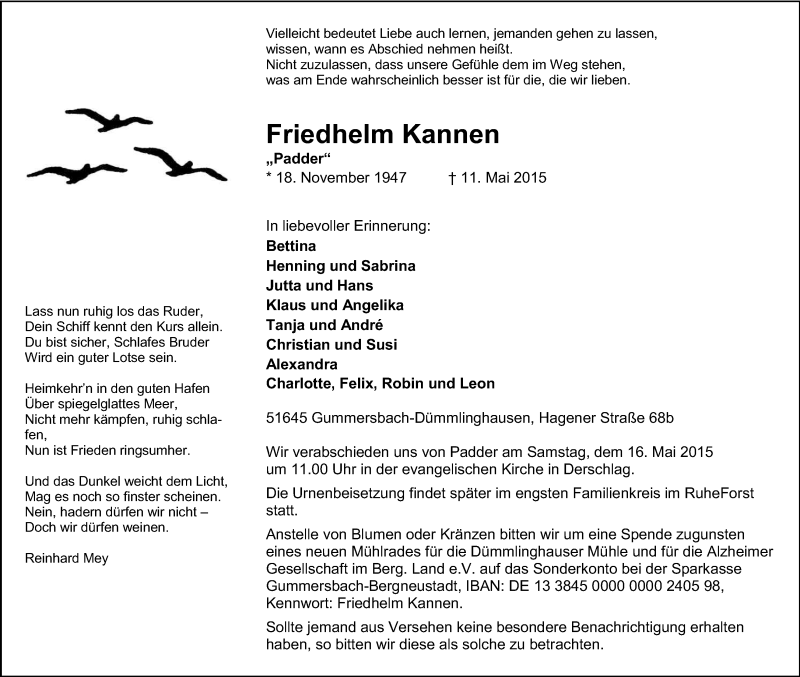  Traueranzeige für Friedhelm Kannen vom 14.05.2015 aus Kölner Stadt-Anzeiger / Kölnische Rundschau / Express