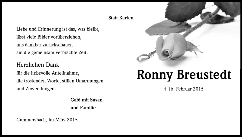  Traueranzeige für Ronny Breustedt vom 21.03.2015 aus Kölner Stadt-Anzeiger / Kölnische Rundschau / Express