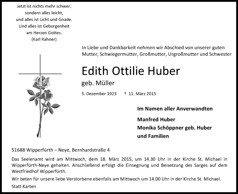  Traueranzeige für Edith Ottilie Huber vom 14.03.2015 aus Kölner Stadt-Anzeiger / Kölnische Rundschau / Express