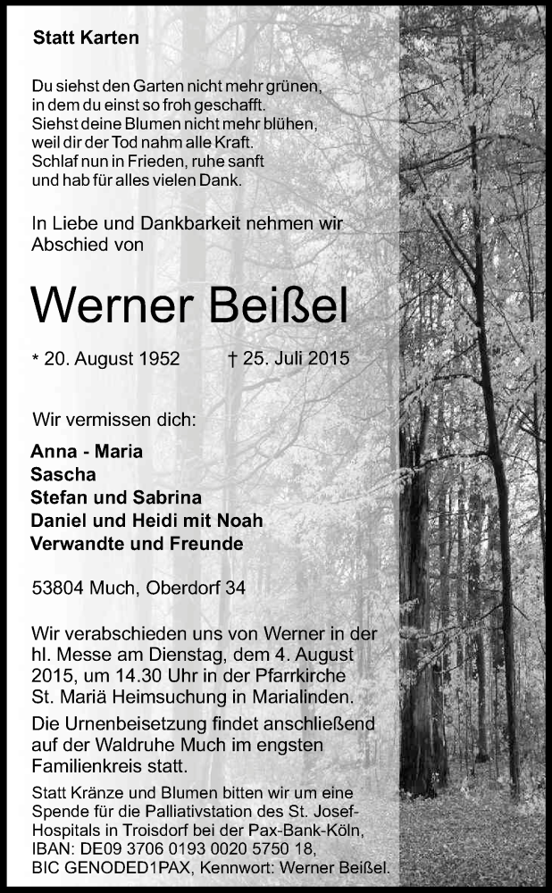  Traueranzeige für Werner Beißel vom 31.07.2015 aus Kölner Stadt-Anzeiger / Kölnische Rundschau / Express
