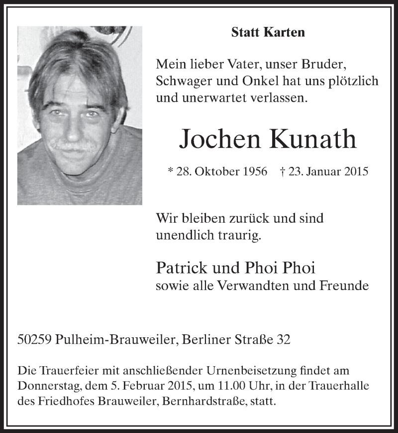  Traueranzeige für Jochen Kunath vom 31.01.2015 aus  Sonntags-Post 